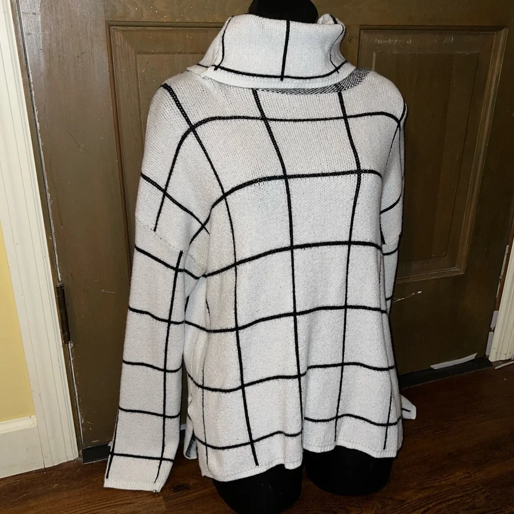 Ecowish White & Black Striped Turtleneck Long Sleeve Relaxed Fit Sweater Size L - Picture 3 of 9